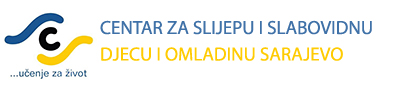Logo škole sadrži stilizovani simbol s plavim i žutim linijama koje okružuju crno slovo "C". Desno od simbola nalazi se naziv "Centar za slijepu i slabovidnu djecu" napisan plavim i žutim slovima, a ispod je slogan "...učenje za život" u plavoj boji.
